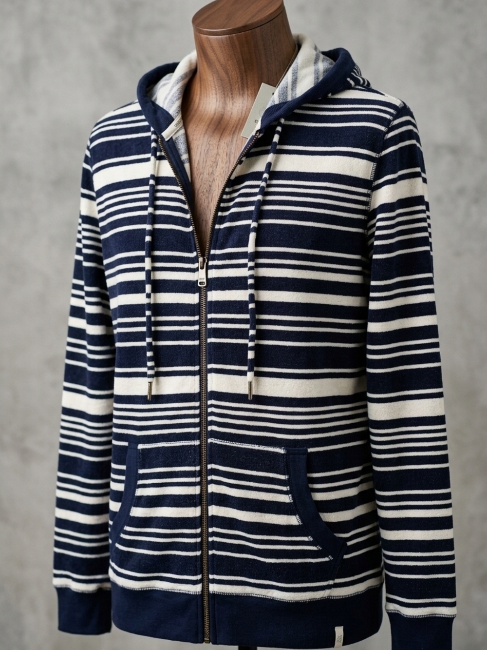 [Quiksilver] Navy/White Striped Cotton Blend Zip Up Long Sleeve  Hoodie Large